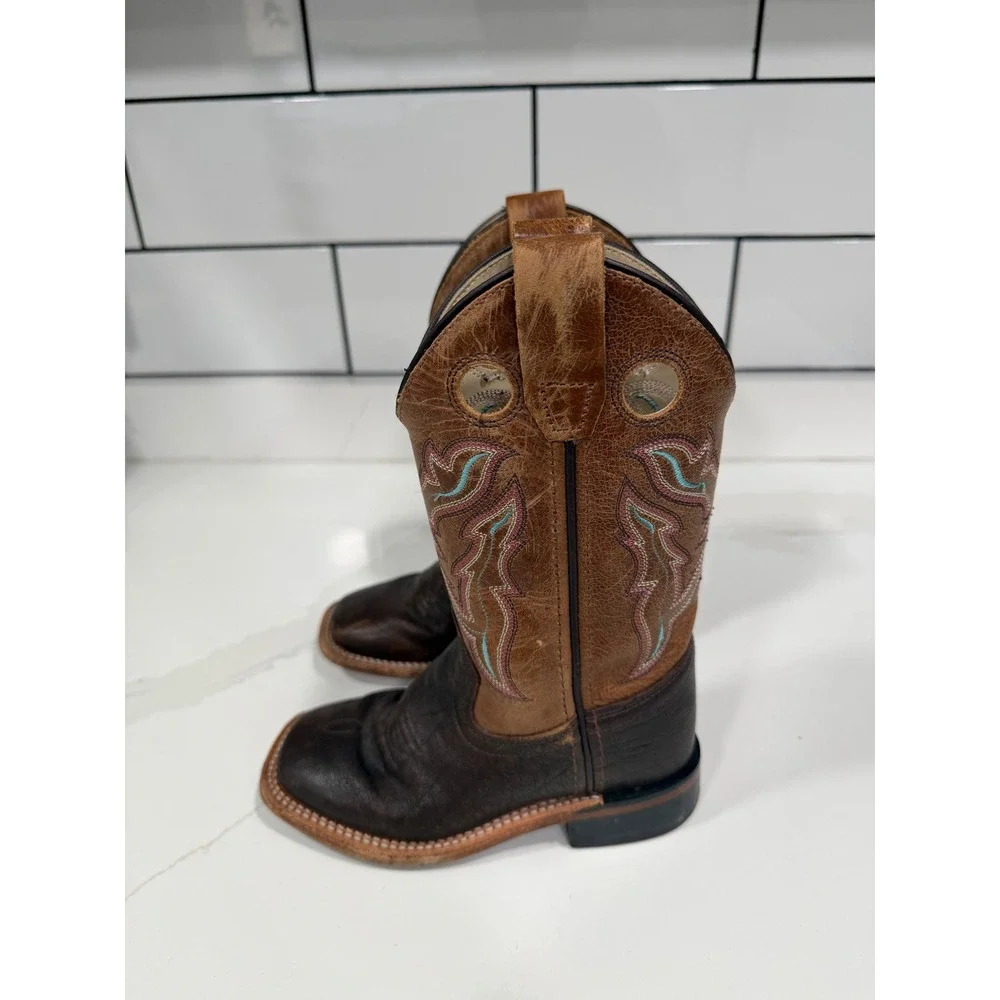 Old West Kids Brown Leather Square Toe Western Cowboy Boots BSC1819 Size 10.5 D